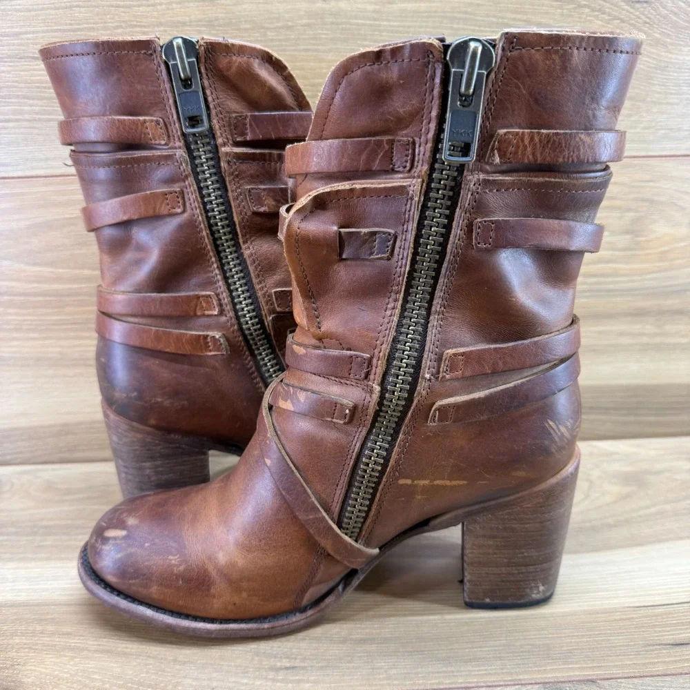 FREEBIRD Baker Mid Boot 9 Cognac Brown Leather Stacked Heel Festival Boho Zip